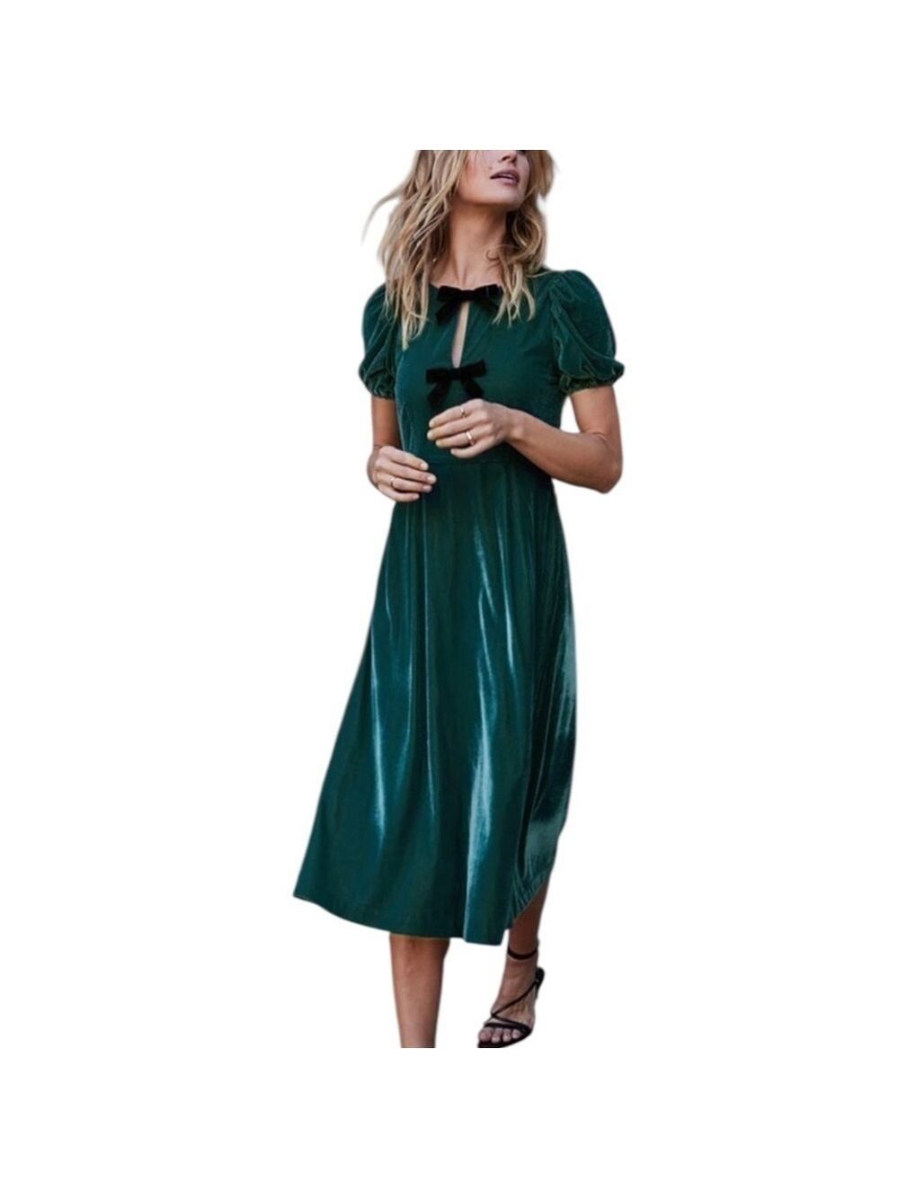 SOMERSALT Forest Green Velvet Puff Sleeves Bow Midi Dress Size 12 NWT Stretchy